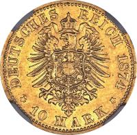 German States coin 10 Mark - Nicolaus Friedrich Peter (1874) reverse reverse of 10 Mark - Nicolaus Friedrich Peter (1874) coin with KM# 200 from German States. Inscription: DEUTSCHES REICH 1874 * 10 MARK *