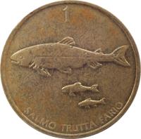 reverse of 1 Tolar (1992 - 2006) coin with KM# 4 from Slovenia. Inscription: SALMO TRUTTA FARIO 1