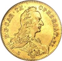 German States coin 1 Ducat - Karl Theodor - Trade Coinage (1750) obverse obverse of 1 Ducat - Karl Theodor - Trade Coinage (1750) coin with KM# 357 from German States.