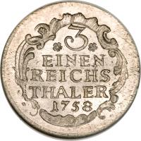German States coin 1/3 Reichsthaler - Friedrich II (1758 - 1759) reverse reverse of 1/3 Reichsthaler - Friedrich II (1758 - 1759) coin with KM# 285 from German States. Inscription: 3 EINEN REICHS THALER 1758