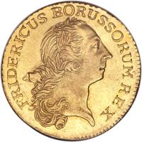 obverse of 1 Friedrich d'Or - Friedrich II - Trade Coinage (1764 - 1775) coin with KM# 309 from German States. Inscription: FRIDERICUS BORUSSORUM REX