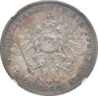reverse of 2 Vereinsthaler - Wilhelm (1865 - 1871) coin with KM# 496 from German States. Inscription: ZWEI VEREINSTHALER XV EIN PFUND FEIN 1867
