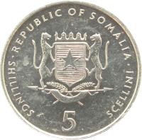 obverse of 5 Shillings - FAO (1999 - 2002) coin with KM# 45 from Somalia. Inscription: REPUBLIC OF SOMALIA · SHILLINGS 5 SCELLINI ·