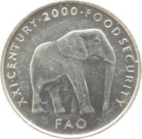 reverse of 5 Shillings - FAO (1999 - 2002) coin with KM# 45 from Somalia. Inscription: XXI CENTURY · 2002 · FOOD SECURITY FAO
