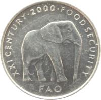 Somalia coin 5 Shillings - FAO (1999 - 2002) reverse reverse of 5 Shillings - FAO (1999 - 2002) coin with KM# 45 from Somalia. Inscription: XXI CENTURY · 2002 · FOOD SECURITY FAO
