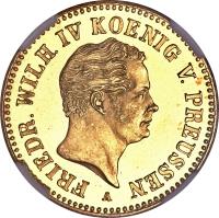 obverse of 1 Friedrich d'Or - Friedrich Wilhelm IV (1841 - 1852) coin with KM# 442 from German States. Inscription: FRIEDR. WILH. IV KOENIG V. PREUSSEN A