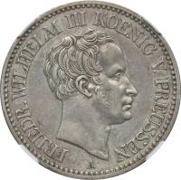 obverse of 1 Reichsthaler - Friedrich Wilhelm III - Mining Thaler (1826 - 1828) coin with KM# 417 from German States. Inscription: FRIEDR. WILHELM III KOENIG V.PREUSSEN
