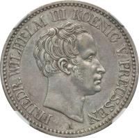 German States coin 1 Reichsthaler - Friedrich Wilhelm III - Mining Thaler (1826 - 1828) obverse obverse of 1 Reichsthaler - Friedrich Wilhelm III - Mining Thaler (1826 - 1828) coin with KM# 417 from German States. Inscription: FRIEDR. WILHELM III KOENIG V.PREUSSEN