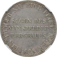 German States coin 1 Reichsthaler - Friedrich Wilhelm III - Mining Thaler (1826 - 1828) reverse reverse of 1 Reichsthaler - Friedrich Wilhelm III - Mining Thaler (1826 - 1828) coin with KM# 417 from German States. Inscription: EIN THALER.XIV. EINE FEINE MARK SEGEN DES MANSFELDER BERGBAUES 1826