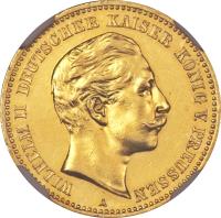 obverse of 10 Mark - Wilhelm II (1889) coin with KM# 517 from German States. Inscription: WILHELM II DEUTSCHER KAISER KONIG V. PREUSSEN
