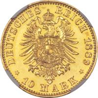 reverse of 10 Mark - Wilhelm II (1889) coin with KM# 517 from German States. Inscription: DEUTSCHES REICH 1889 * 10 Mark *