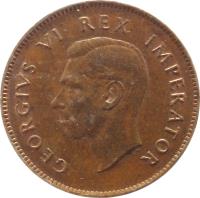 South Africa coin 1/4 Penny - George VI (1937 - 1947) obverse obverse of 1/4 Penny - George VI (1937 - 1947) coin with KM# 23 from South Africa. Inscription: GEORGIVS VI REX IMPERATOR