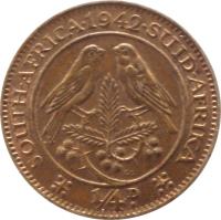 South Africa coin 1/4 Penny - George VI (1937 - 1947) reverse reverse of 1/4 Penny - George VI (1937 - 1947) coin with KM# 23 from South Africa. Inscription: SOUTH · AFRICA · 1942 · SUID · AFRICA 1/4D.