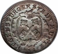 German States coin 2 Kreuzer - Franz I (1754) reverse reverse of 2 Kreuzer - Franz I (1754) coin with KM# 365 from German States. Inscription: REGENSPURGER STADT MUNTZ 1754