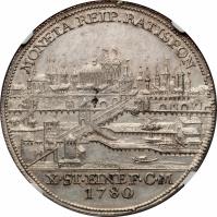 German States coin 1 Thaler - Joseph II (1780) reverse reverse of 1 Thaler - Joseph II (1780) coin with KM# 436 from German States. Inscription: MONETA REIP.RATISPON. X.ST.EINEF.C.M 1780