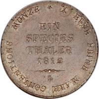 German States coin 1 Conventionsthaler - Heinrich LI (1812) reverse reverse of 1 Conventionsthaler - Heinrich LI (1812) coin with KM# 32 from German States. Inscription: X EINE FEINE MARK CONVENTIONS MÜNZE EIN SPECIES THALER 1812 L