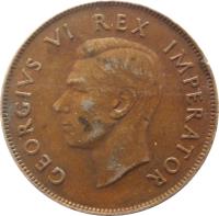 obverse of 1 Penny - George VI (1937 - 1947) coin with KM# 25 from South Africa. Inscription: GEORGIVS VI REX IMPERATOR HP