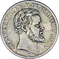 obverse of 2 Mark - Heinrich XXII (1877) coin with KM# 126 from German States. Inscription: HEINRICH XXII V. G. G. ÄLT. L. SOUV. FÜRST REUSS B