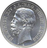 obverse of 2 Mark - Heinrich XIV (1884) coin with KM# 82 from German States. Inscription: HEINRICH XIV J.L.REG.FURST REUSS