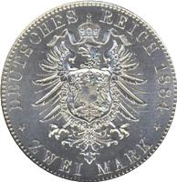 German States coin 2 Mark - Heinrich XIV (1884) reverse reverse of 2 Mark - Heinrich XIV (1884) coin with KM# 82 from German States. Inscription: DEUTSCHES REICH 1884 * ZWEI MARK *