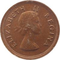 obverse of 1/4 Penny - Elizabeth II - 1'st Portrait (1953 - 1960) coin with KM# 44 from South Africa. Inscription: ELIZABETH II REGINA
