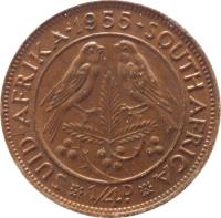 South Africa coin 1/4 Penny - Elizabeth II - 1'st Portrait (1953 - 1960) reverse reverse of 1/4 Penny - Elizabeth II - 1'st Portrait (1953 - 1960) coin with KM# 44 from South Africa. Inscription: SUID-AFRIKA · 1955 · SOUTH AFRICA 1/4D.