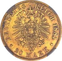 German States coin 20 Mark - Heinrich XIV (1881) reverse reverse of 20 Mark - Heinrich XIV (1881) coin with KM# 80 from German States. Inscription: DEUTSCHES REICH 1881 * 20 MARK *