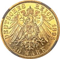 German States coin 20 Mark - Alfred (1895) reverse reverse of 20 Mark - Alfred (1895) coin with KM# 163 from German States. Inscription: DEUTSCHES REICH 1895 * 20 Mark *