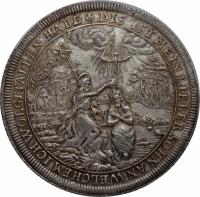 German States coin 1 Thaler - Friedrich II - Baptism Thaler (1692) obverse obverse of 1 Thaler - Friedrich II - Baptism Thaler (1692) coin with KM# 133 from German States. Inscription: DIS IST MEIN LIEBER SOHN AN WELCHEM ICH WOHLGEFALLEN HABE