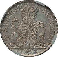 German States coin 1/3 Thaler - Friedrich II / Johann Wilhelm - 200th Anniversary of` Religious Peace of Augsburg (1755) reverse reverse of 1/3 Thaler - Friedrich II / Johann Wilhelm - 200th Anniversary of` Religious Peace of Augsburg (1755) coin with KM# 296 from German States. Inscription: IN MEMOR.IVBIL.II.PAC.RELIG. 1755.