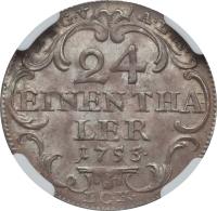 German States coin 1/24 Thaler - Friedrich III (1752 - 1756) reverse reverse of 1/24 Thaler - Friedrich III (1752 - 1756) coin with KM# 289 from German States. Inscription: H. S. G. V. A. L. M. 24 EINEN THA LER 1755