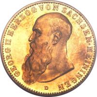 obverse of 20 Mark - Georg II (1910 - 1914) coin with KM# 205 from German States. Inscription: GEORG II HERZOG VON SACHSEN-MEININGEN D