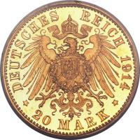 reverse of 20 Mark - Georg II (1910 - 1914) coin with KM# 205 from German States. Inscription: DEUTSCHES REICH 1914 * 20 MARK *