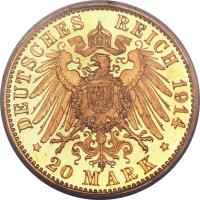 German States coin 20 Mark - Georg II (1910 - 1914) reverse reverse of 20 Mark - Georg II (1910 - 1914) coin with KM# 205 from German States. Inscription: DEUTSCHES REICH 1914 * 20 MARK *