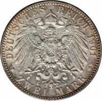 German States coin 2 Mark - Wilhelm Ernst (1901) reverse reverse of 2 Mark - Wilhelm Ernst (1901) coin with KM# 215 from German States. Inscription: DEUTSCHES REICH 1901 * ZWEI MARK *