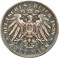 German States coin 2 Mark - Karl Alexander - 80th Birthday of the Grand Duke (1898) reverse reverse of 2 Mark - Karl Alexander - 80th Birthday of the Grand Duke (1898) coin with KM# 214 from German States. Inscription: DEUTSCHES REICH 1898 * ZWEI MARK *