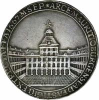 German States coin 1 Thaler - Moritz Wilhelm (1667) reverse reverse of 1 Thaler - Moritz Wilhelm (1667) coin with DAV# 7666 from German States. Inscription: ARCE.MAURITIOBURGENSI.AD.FASTIGIU.EXT.RUCIA.F.F.A. 1667.M.SEP