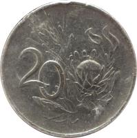 South Africa coin 20 Cents - SUID-AFRIKA (1965 - 1969) reverse reverse of 20 Cents - SUID-AFRIKA (1965 - 1969) coin with KM# 69.2 from South Africa. Inscription: 20 T.S.