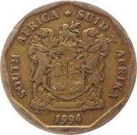 South Africa coin 20 Cents - SOUTH AFRICA - SUID-AFRIKA (1990 - 1995) obverse obverse of 20 Cents - SOUTH AFRICA - SUID-AFRIKA (1990 - 1995) coin with KM# 136 from South Africa. Inscription: SOUTH AFRICA · SUID-AFRIKA EX UNITATE VIRES 1993 ALS