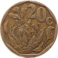 South Africa coin 20 Cents - SOUTH AFRICA - SUID-AFRIKA (1990 - 1995) reverse reverse of 20 Cents - SOUTH AFRICA - SUID-AFRIKA (1990 - 1995) coin with KM# 136 from South Africa. Inscription: 20c SE