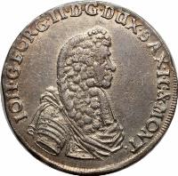German States coin 2/3 Thaler / 1 Gulden - Johann Georg II (1678 - 1681) obverse obverse of 2/3 Thaler / 1 Gulden - Johann Georg II (1678 - 1681) coin with KM# 559 from German States. Inscription: IOH.GEORG.II.D.G.DUX.SAX.&.MONT