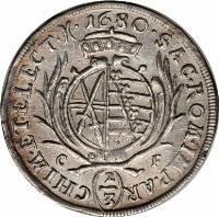 German States coin 2/3 Thaler / 1 Gulden - Johann Georg II (1678 - 1681) reverse reverse of 2/3 Thaler / 1 Gulden - Johann Georg II (1678 - 1681) coin with KM# 559 from German States. Inscription: SAC.ROM.IMP.AR CHIM.ET.ELECT 1680 CF 2/3