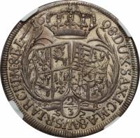 German States coin 2/3 Thaler - Friedrich August I (1697 - 1705) reverse reverse of 2/3 Thaler - Friedrich August I (1697 - 1705) coin with KM# 685 from German States. Inscription: 1698 DUX.SAX.I.C.M.A.&.W.S.R.I.ARCHIM.&EL. 2/3