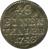 German States coin 1/48 Thaler - Friedrich August II (1734 - 1756) reverse reverse of 1/48 Thaler - Friedrich August II (1734 - 1756) coin with KM# 883 from German States. Inscription: 48 EINEN THALER 1743