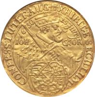 German States coin 6 Ducat - Johan Georg - Centennial of the Augsburg Confession (1630) obverse obverse of 6 Ducat - Johan Georg - Centennial of the Augsburg Confession (1630) coin with KM# A423 from German States. Inscription: CONFESS:LUTER:AUG:EXHIBITAE SECULUM 16 30 25 JUNY IOH GEOR