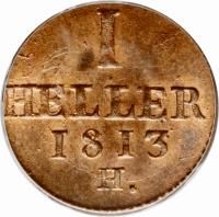 reverse of 1 Heller - Friedrich August (1813) coin with KM# 1072 from German States. Inscription: I HELLER 1813