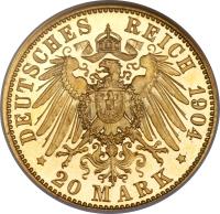 German States coin 20 Mark - Albrecht Georg (1898 - 1904) reverse reverse of 20 Mark - Albrecht Georg (1898 - 1904) coin with KM# 51 from German States. Inscription: DEUTSCHES REICH 1904 20 MARK