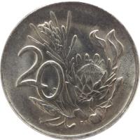 reverse of 20 Cents - SUID-AFRIKA - SOUTH AFRICA (1970 - 1990) coin with KM# 86 from South Africa. Inscription: 20 T.S.