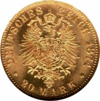 German States coin 20 Mark - Adolf Georg (1874) reverse reverse of 20 Mark - Adolf Georg (1874) coin with KM# 48 from German States. Inscription: DEUTSCHES REICH 1874 * 20 MARK *