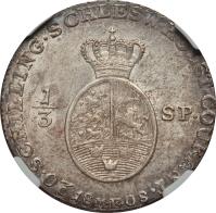 German States coin 1/3 Specie Daler / 20 Schilling - Christian VII (1787 - 1808) reverse reverse of 1/3 Specie Daler / 20 Schilling - Christian VII (1787 - 1808) coin with KM# 130 from German States. Inscription: 20.SCHILLING.SCHLESW.HOLST.COURANT. 1/3 SP. 18 08